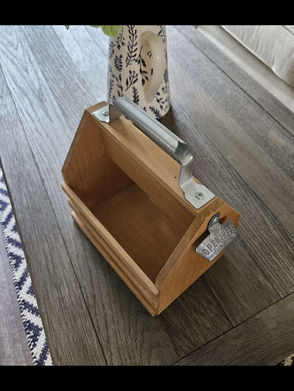 Wooden Caddy with Metal Handle and Bottle Opener - Natural Wood